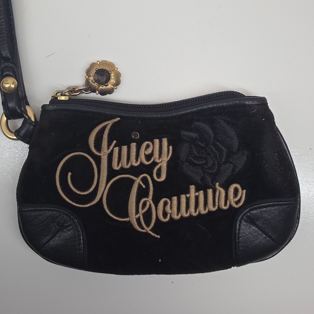 Juicy Couture Black Velour Wristlet Pouch Leather Trim Gold Logo Y2K Bag